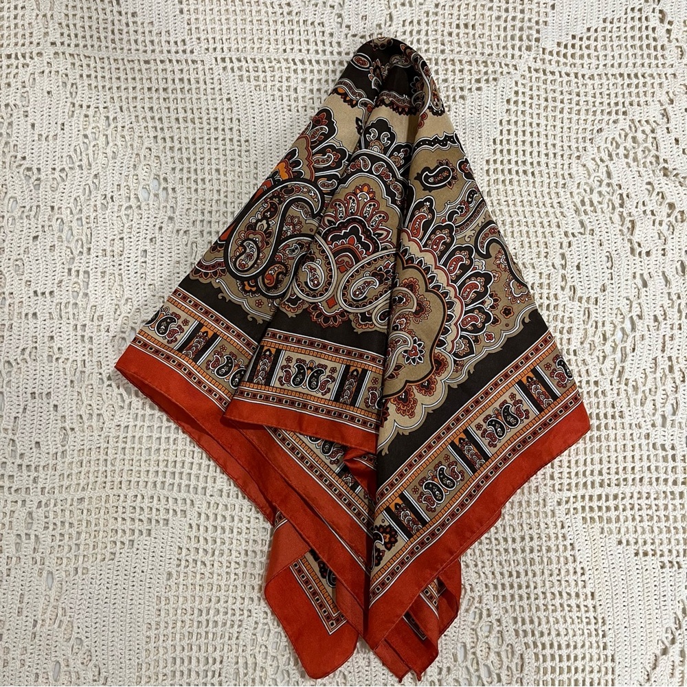 Vintage Square Brown with Orange Trim Scarf - Picture 3 of 5